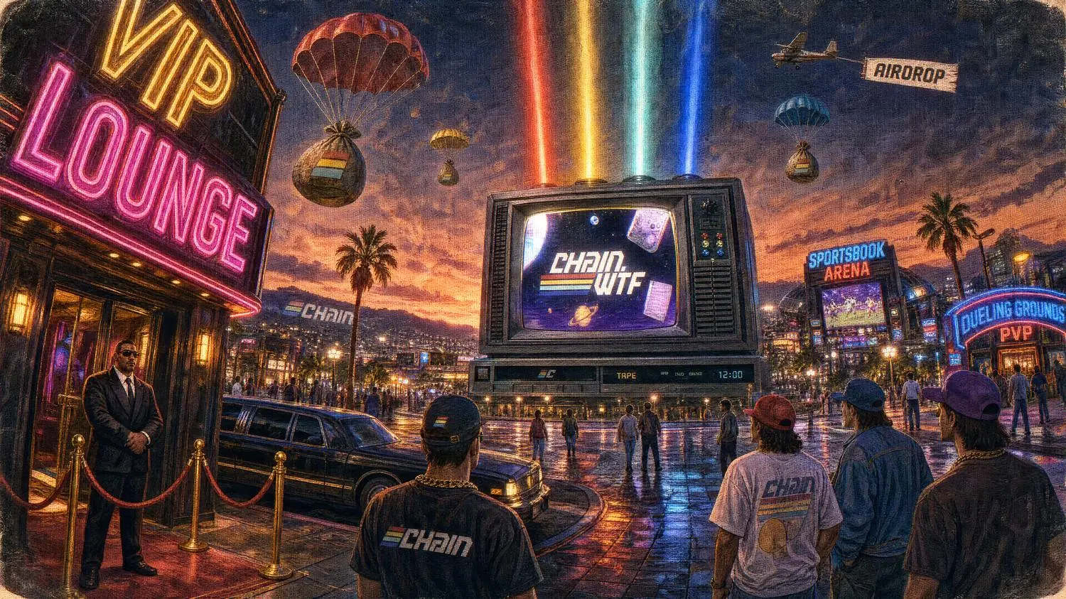 Chain City &mdash; VIP plaza at dusk, crowd watching the Chain HQ monument